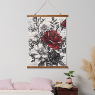 Rustic Flower and Calligraphy - Aged Brown Paper 3 Hanging Tapestry