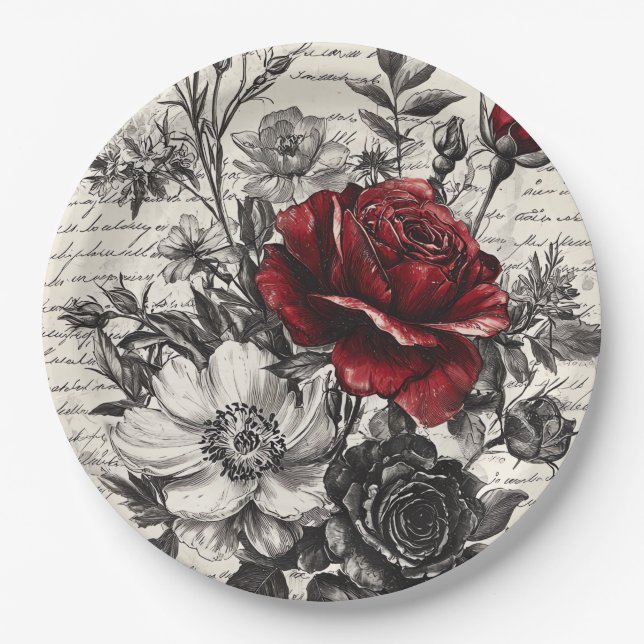 Rustic Flower and Calligraphy - Aged Brown Paper 3 Plates (Front)