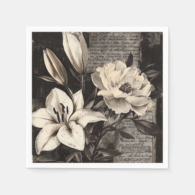 Rustic Flower and Calligraphy - Aged Brown Paper 4 Napkins (Front)