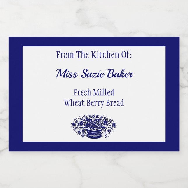 Rustic Flower Basket Blue White Editable Food Label (Single Label)