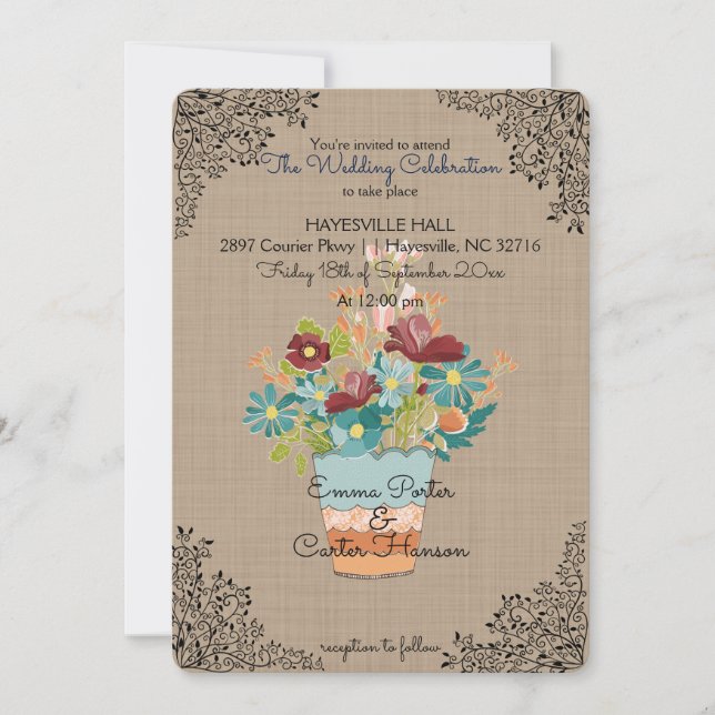 Rustic Flower Burlap Wedding Invitation (Front)