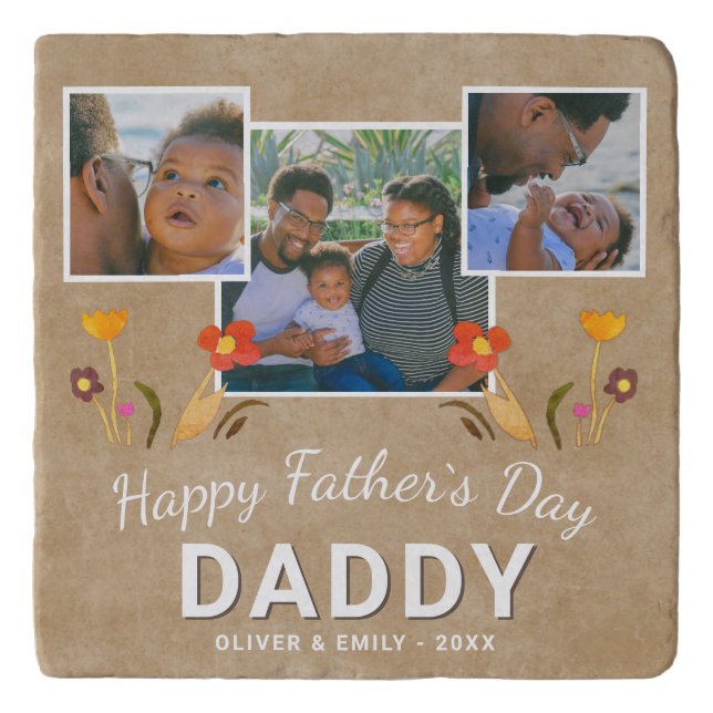 Rustic Flower Father`s Day Daddy Keepsake 3 Photo  Trivet (Front)