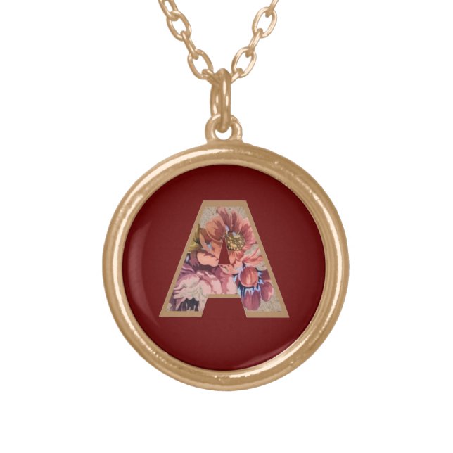 Rustic Flower Initial A Burgundy Gold Plated Necklace (Front)