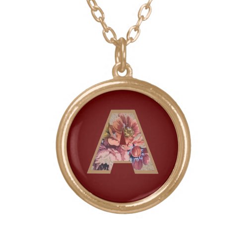 Rustic Flower Initial A Burgundy Gold Plated Necklace