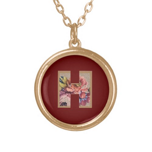 Rustic Flower Initial H Burgundy Gold Plated Necklace