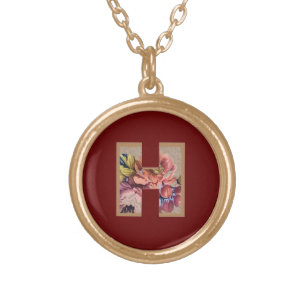 Rustic Flower Initial H Burgundy Gold Plated Necklace