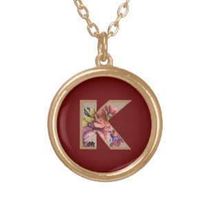 Rustic Flower Initial K Burgundy Gold Plated Necklace