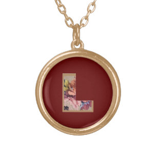 Rustic Flower Initial L Burgundy Gold Plated Necklace