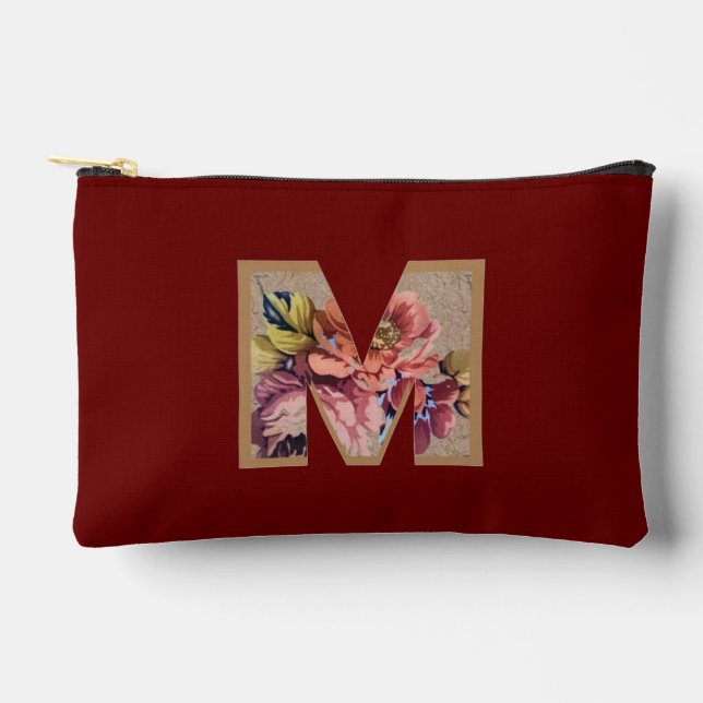 Rustic Flower Initial M Burgundy Accessory Pouch (Front)