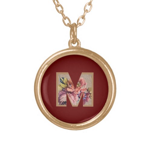 Rustic Flower Initial M Burgundy Gold Plated Necklace