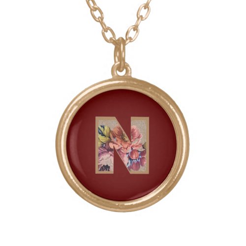 Rustic Flower Initial N Burgundy Gold Plated Necklace