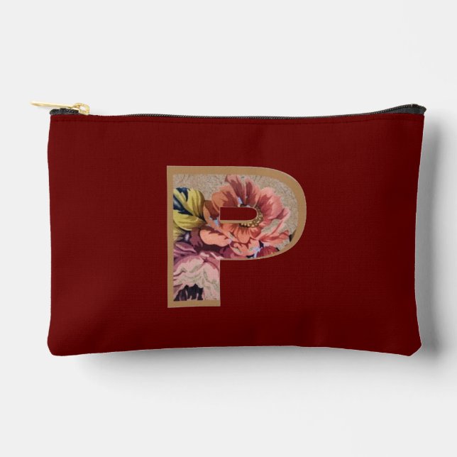 Rustic Flower Initial P Burgundy Accessory Pouch (Front)