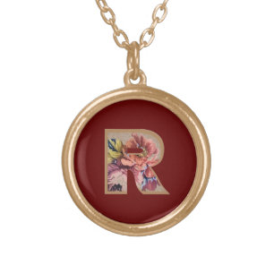 Rustic Flower Initial R Burgundy Gold Plated Necklace
