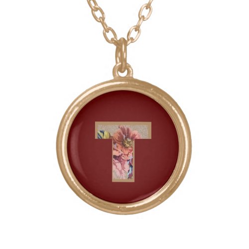 Rustic Flower Initial T Burgundy Gold Plated Necklace