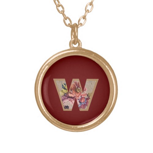 Rustic Flower Initial W Burgundy Gold Plated Necklace