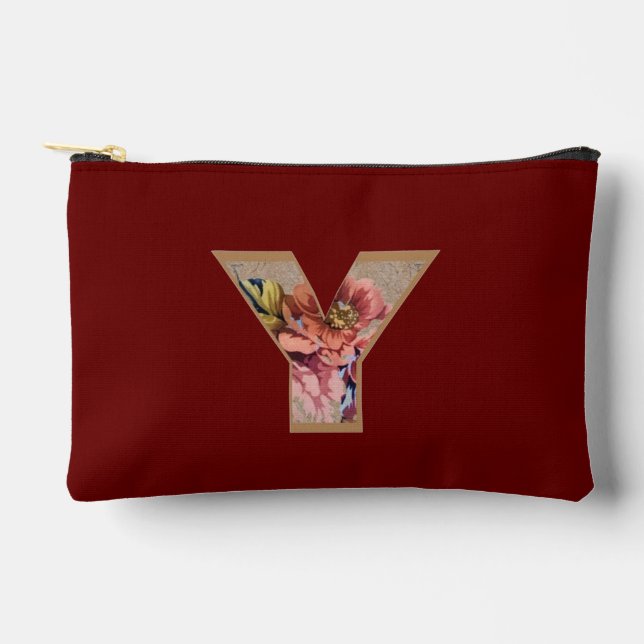 Rustic Flower Initial Y Burgundy Accessory Pouch (Front)