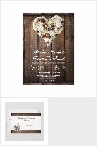 Rustic Flower Wood Heart Wedding Invitation Set