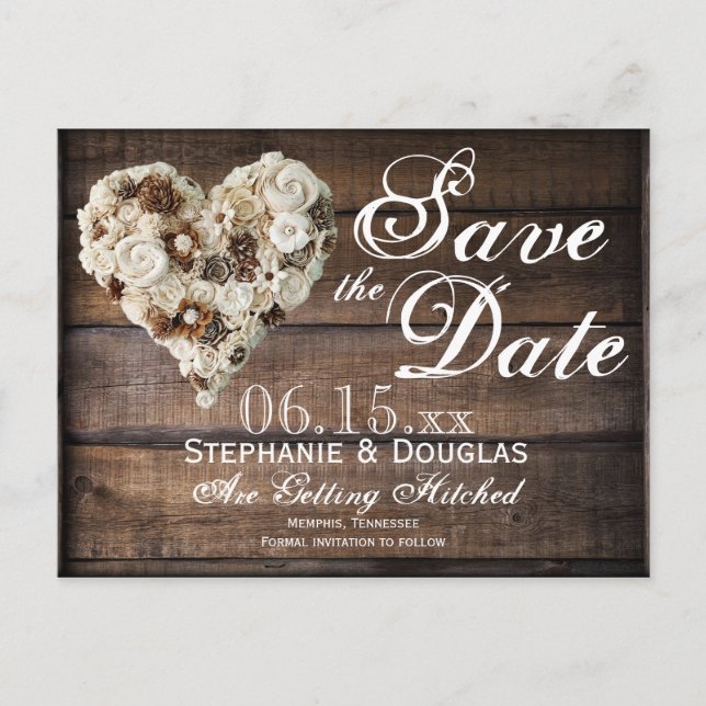 Rustic Flower Wood Heart Wedding Save the Date Announcement Postcard (Front)