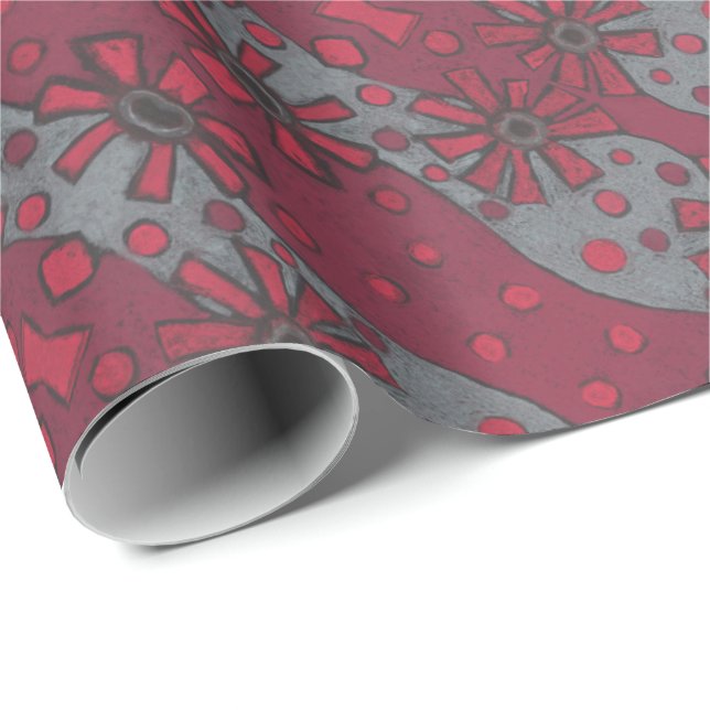 Rustic Flowers, Abstract Floral Pattern Ruby Grey Wrapping Paper (Roll Corner)
