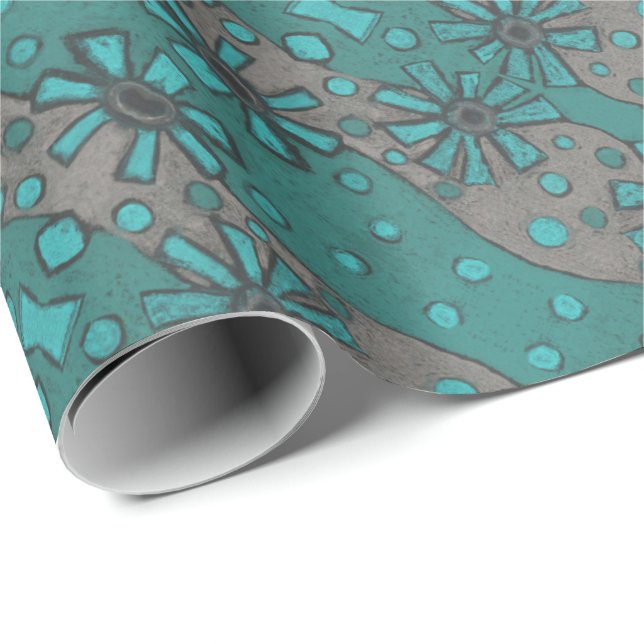 Rustic Flowers, Abstract Floral Pattern Teal Grey Wrapping Paper (Roll Corner)