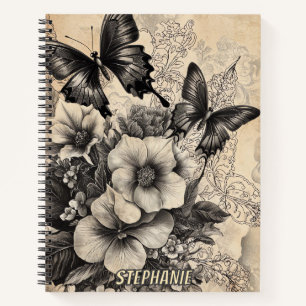 Rustic Flowers and Butterfly - Aged Paper (10) Notebook