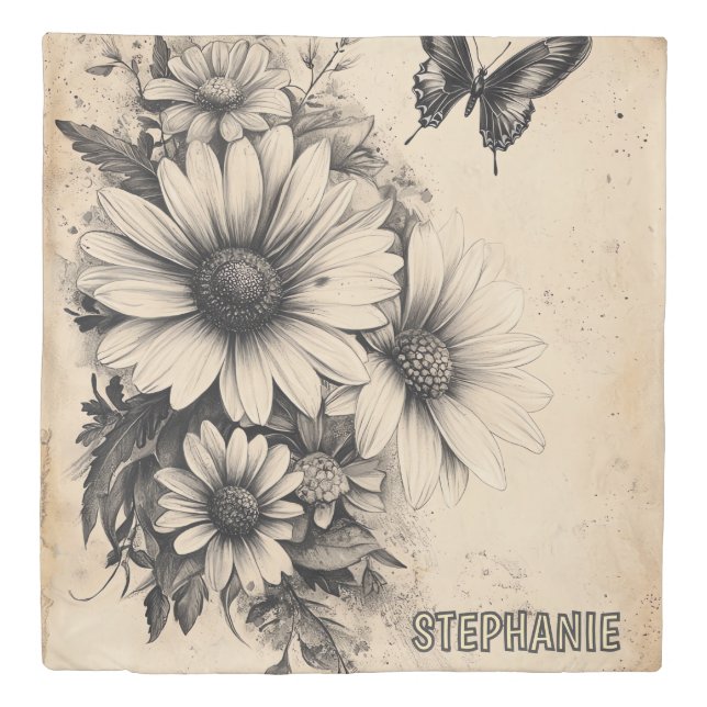 Rustic Flowers and Butterfly - Aged Paper (11) Duvet Cover (Front)