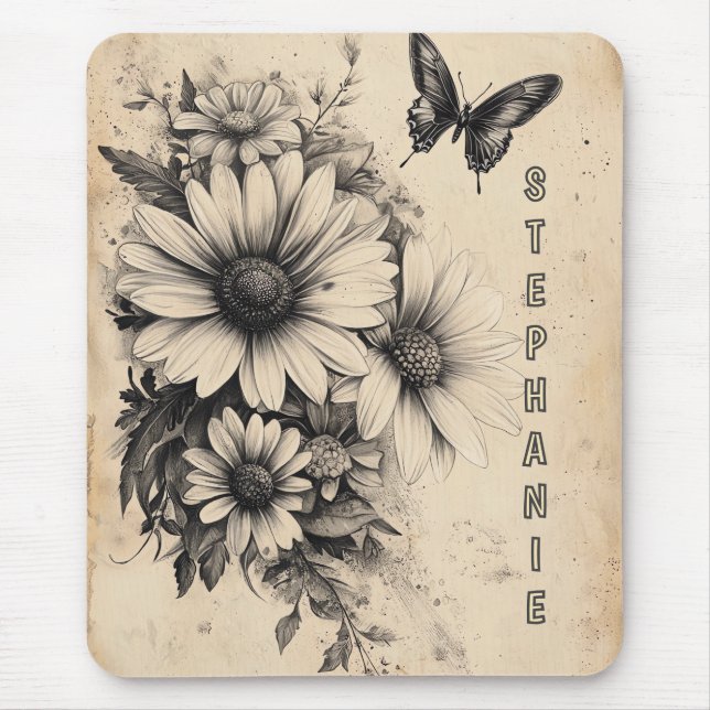 Rustic Flowers and Butterfly - Aged Paper (11) Mouse Pad (Front)