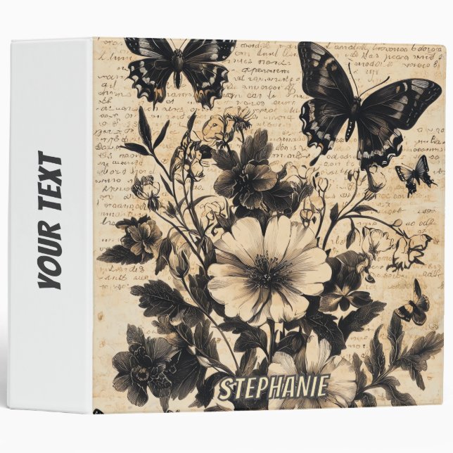 Rustic Flowers and Butterfly - Aged Paper (13) 3 Ring Binder (Front/Spine)