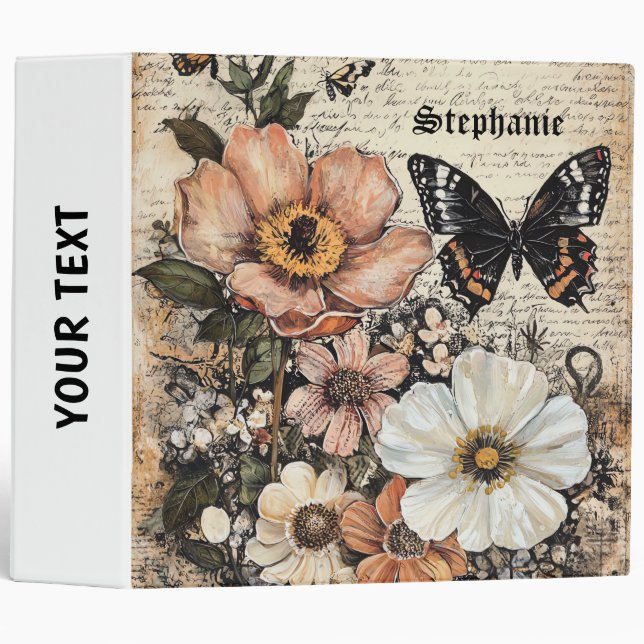 Rustic Flowers and Butterfly - Aged Paper (14) 3 Ring Binder (Front/Spine)