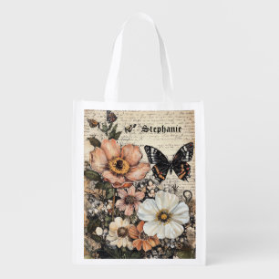 Rustic Flowers and Butterfly - Aged Paper (14) Grocery Bag