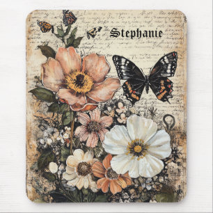 Rustic Flowers and Butterfly - Aged Paper (14) Mouse Pad