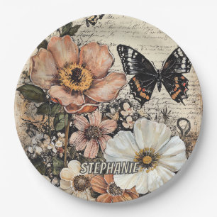 Rustic Flowers and Butterfly - Aged Paper (14) Plates