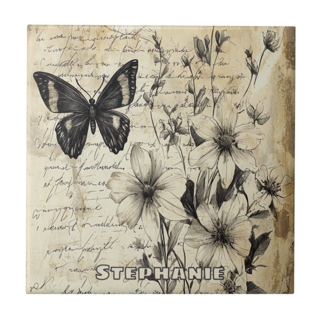 Rustic Flowers and Butterfly - Aged Paper (1) Ceramic Tile (Front)