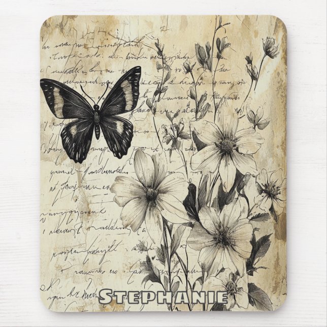 Rustic Flowers and Butterfly - Aged Paper (1) Mouse Pad (Front)