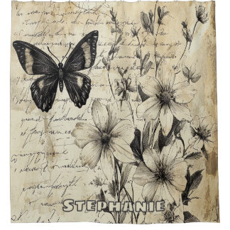 Rustic Flowers and Butterfly - Aged Paper (1) Shower Curtain