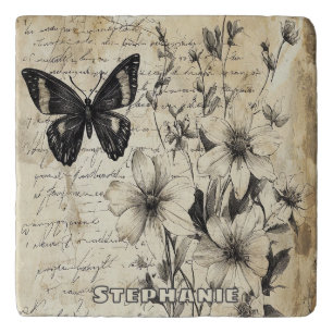 Rustic Flowers and Butterfly - Aged Paper (1) Trivet
