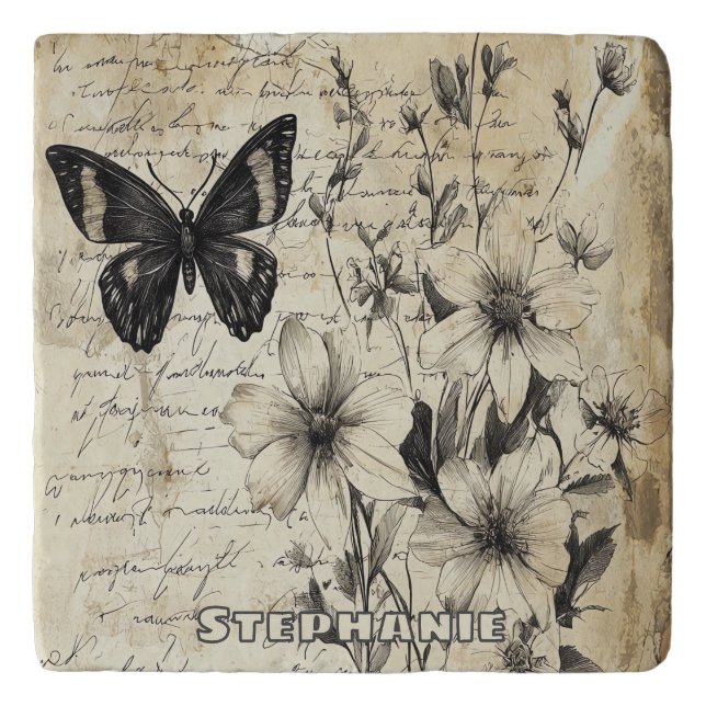 Rustic Flowers and Butterfly - Aged Paper (1) Trivet (Front)