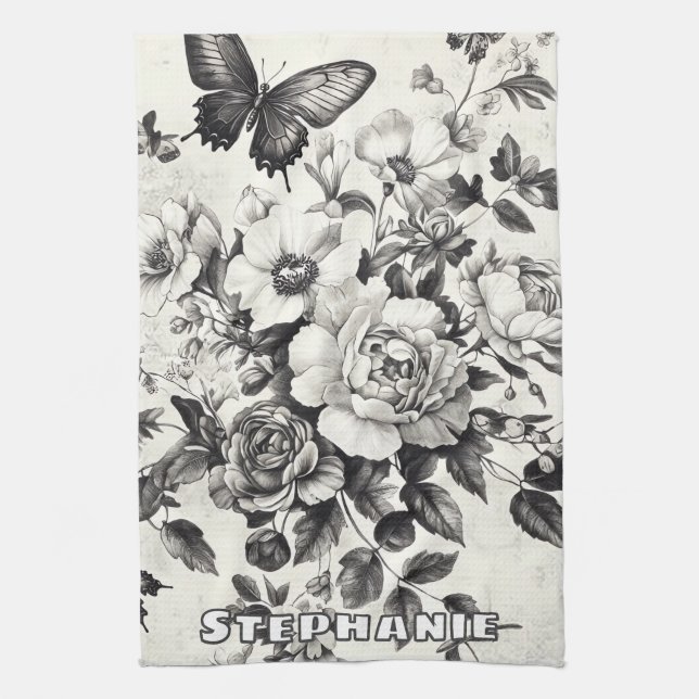 Rustic Flowers and Butterfly - Aged Paper (3) Kitchen Towel (Vertical)