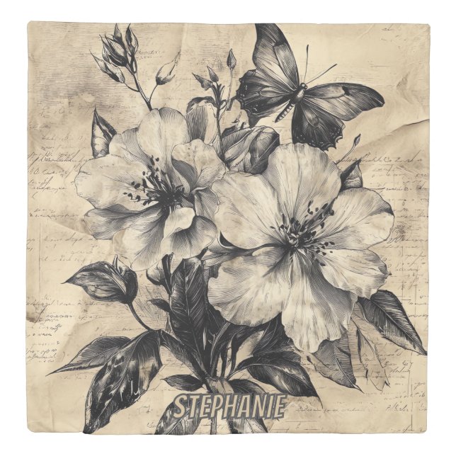 Rustic Flowers and Butterfly - Aged Paper (4) Duvet Cover (Front)