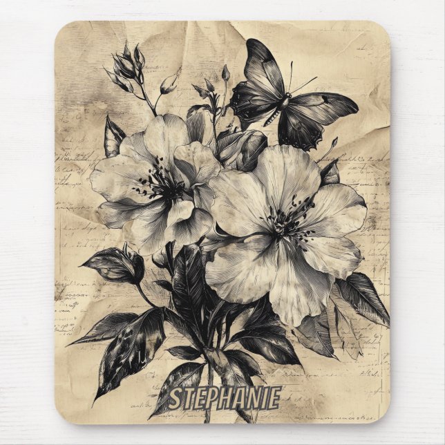 Rustic Flowers and Butterfly - Aged Paper (4) Mouse Pad (Front)