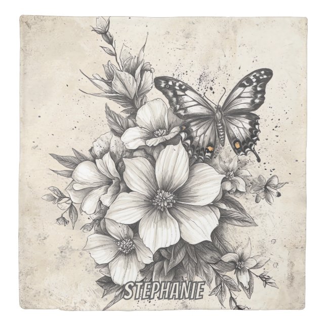Rustic Flowers and Butterfly - Aged Paper (5) Duvet Cover (Front)