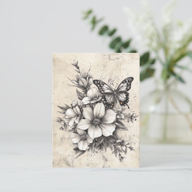 Rustic Flowers and Butterfly - Aged Paper (5) Postcard (Standing Front)