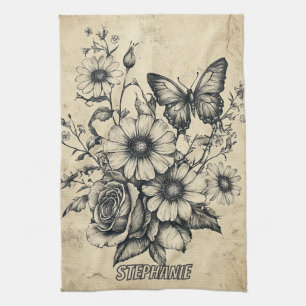 Rustic Flowers and Butterfly - Aged Paper (6) Kitchen Towel