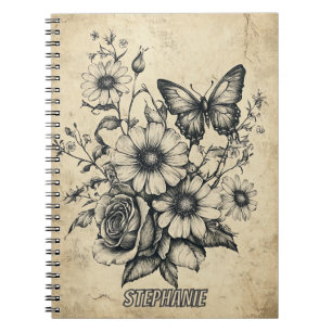 Rustic Flowers and Butterfly - Aged Paper (6) Notebook
