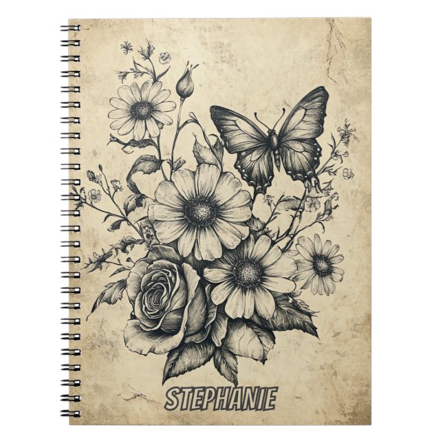 Rustic Flowers and Butterfly - Aged Paper (6) Notebook (Front)