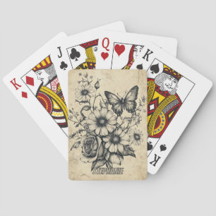Rustic Flowers and Butterfly - Aged Paper (6) Poker Cards