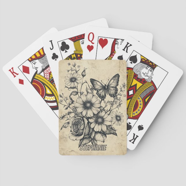 Rustic Flowers and Butterfly - Aged Paper (6) Poker Cards (Back)