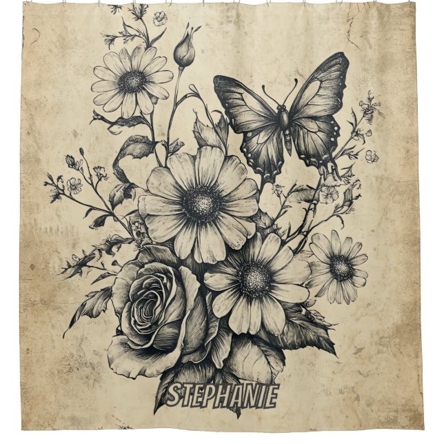Rustic Flowers and Butterfly - Aged Paper (6) Shower Curtain (Front)