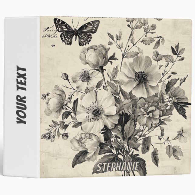 Rustic Flowers and Butterfly - Aged Paper (8) 3 Ring Binder (Front/Spine)