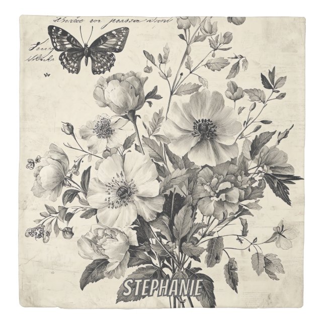 Rustic Flowers and Butterfly - Aged Paper (8) Duvet Cover (Front)